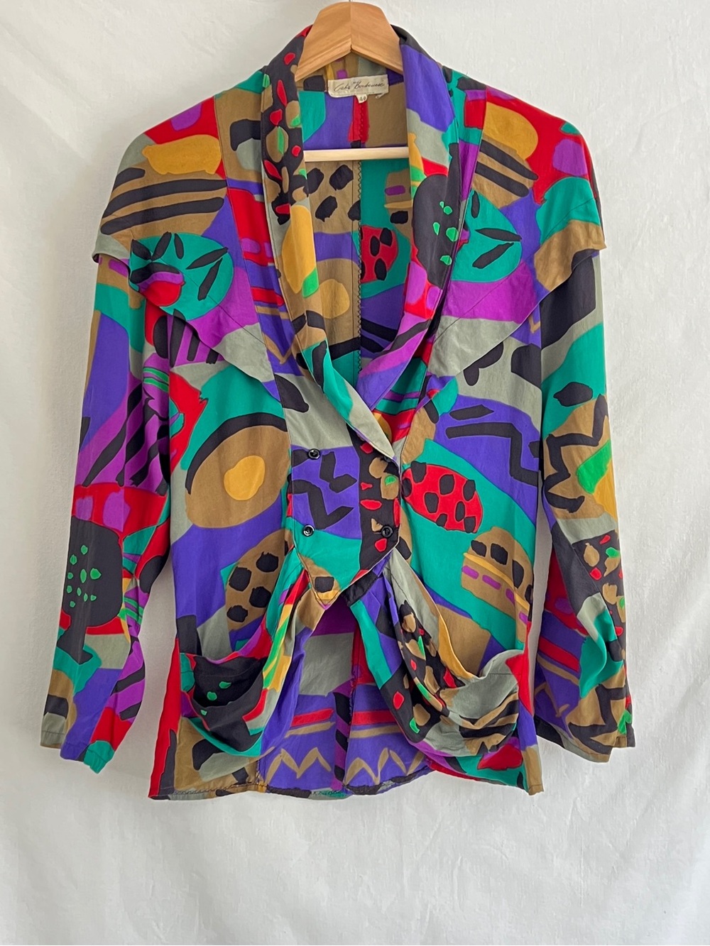 Handmade Silk Avant Garde Draped Pocket Blouse Abstract Art Italian 70s IT44